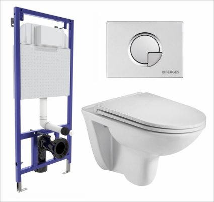 Комплект 3 в 1 инсталляция Berges Wasserhaus Novum 040222 + Подвесной унитаз WeltWasser Baarbach 004 GL-WT + кнопка хром матовая