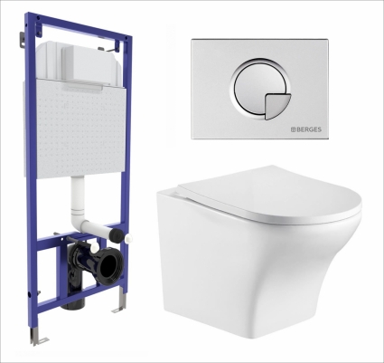 Комплект 3 в 1 инсталляция Berges Wasserhaus Novum 040222 + Подвесной унитаз WeltWasser Odenbach 004 GL-WT + кнопка хром матовая