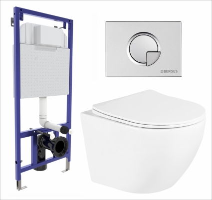 Комплект 3 в 1 инсталляция Berges Wasserhaus Novum 040222 + Унитаз подвесной BelBagno Uno BB3105CHR/SC + кнопка хром матовая