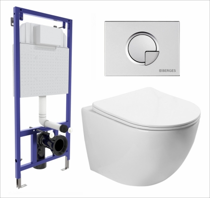 Комплект 3 в 1 инсталляция Berges Wasserhaus Novum 040222 + Унитаз подвесной SantiLine SL-5005 + кнопка хром матовая