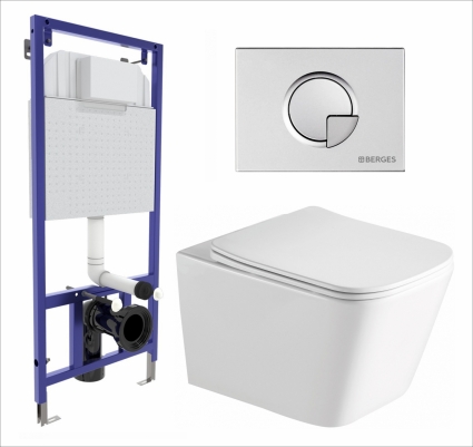 Комплект 3 в 1 инсталляция Berges Wasserhaus Novum 040222 + Унитаз подвесной SantiLine SL-5007 + кнопка хром матовая