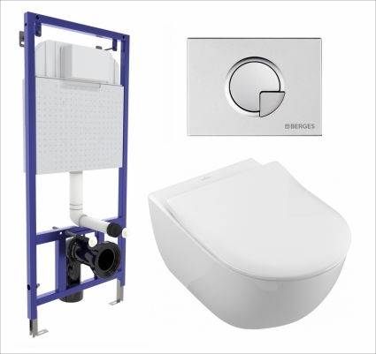 Комплект 3 в 1 инсталляция Berges Wasserhaus Novum 040222 + Унитаз подвесной Villeroy & Boch Subway 2.0 5614R201 + кнопка хром матовая