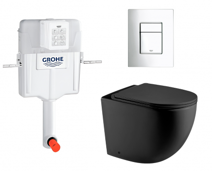 Комплект 3 в 1 смывной бачок скрытого монтажа Grohe GD2 + Унитаз приставной WeltWasser Merzbach 002 MT-BL + Кнопка Skate Cosmopolitan хром