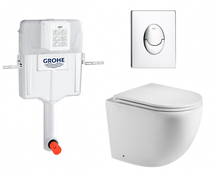 Комплект 3 в 1 смывной бачок скрытого монтажа Grohe GD2 + Унитаз приставной WeltWasser Merzbach 002 GL-WT + Кнопка Grohe Skate Air хром