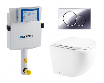 Комплект 3 в 1 смывной бачок скрытого монтажа Geberit Duofix UP320 + Унитаз приставной Enio Unico EN5104885 + Кнопка Geberit Sigma 01 хром