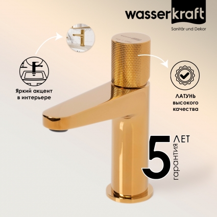Смеситель для раковины Wasserkraft Ems 7603 глянцевое золото PVD однорычажный, длина излива 11 см