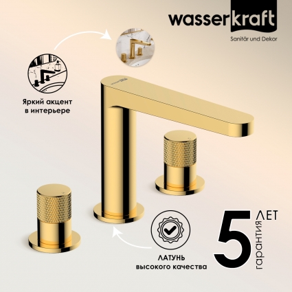 Смеситель для раковины Wasserkraft Ems 7635 глянцевое золото PVD двухвентильный, длина излива 16.2 см