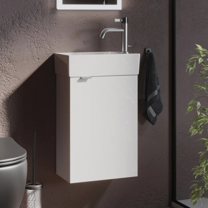 Тумба с раковиной Sancos Mini 35 R подвесная, белый глянец, с дверками, фурнитура матовое серебро