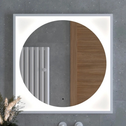 Зеркало Defesto Eclipse DF 2228R 80х80 белая рама, с LED-подсветкой, 4500К, инфракрасный выключатель в современном стиле