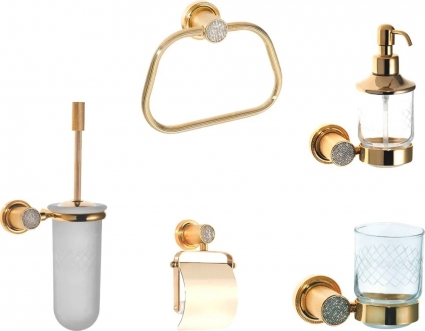 Набор Boheme Royal Cristal Ершик Gold + Дозатор Gold + Стакан Gold + Держатель туалетной бумаги Cold с крышкой + Полотенцедержатель Gold, подвесная,  в стиле ретро