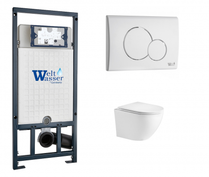 Комплект 3 в 1 инсталляция WeltWasser WW Marberg 507 + Подвесной унитаз Weltwasser WW Merzbach 043GL-WT с кнопкой белой RD