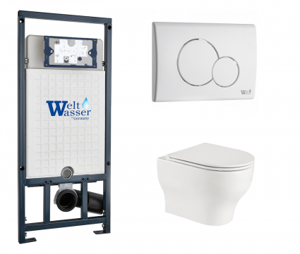 Комплект 3 в 1 инсталляция WeltWasser WW Marberg 507 + Подвесной унитаз WeltWasser Erlenbach 004 GL-WT с кнопкой белой RD