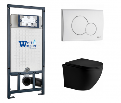 Комплект 3 в 1 инсталляция WeltWasser WW Marberg 507 + Унитаз подвесной Weltwasser WW Merzbach 043 MT-BL черный с кнопкой белой RD