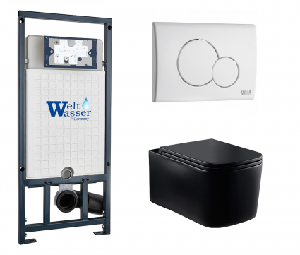 Комплект 3 в 1 инсталляция WeltWasser WW Marberg 507 + Унитаз подвесной Vincea Ultra Rimless VT1-32MB черный с кнопкой белой RD