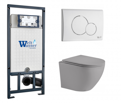 Комплект 3 в 1 инсталляция WeltWasser WW Marberg 507 + Унитаз подвесной Weltwasser WW Merzbach 043 MT-GR серый с кнопкой белой RD