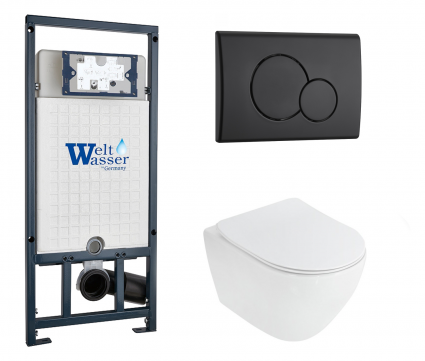 Комплект 3 в 1 инсталляция WeltWasser WW Marberg 507 + Унитаз подвесной Cezares Stylus CZR-513-TH-R с кнопкой черной RD