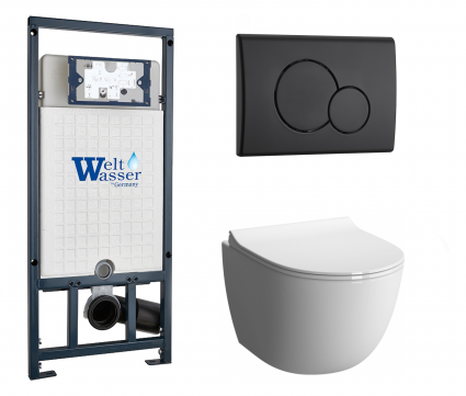 Комплект 3 в 1 инсталляция WeltWasser WW Marberg 507 + Унитаз подвесной VitrA Sento 7748В003-0075 с кнопкой черной RD