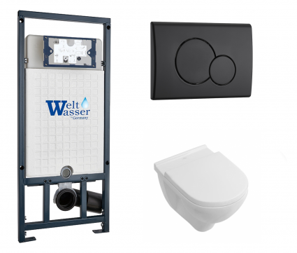 Комплект 3 в 1 инсталляция WeltWasser WW Marberg 507 + Унитаз подвесной Villeroy & Boch O Novo Directflush с кнопкой черной RD
