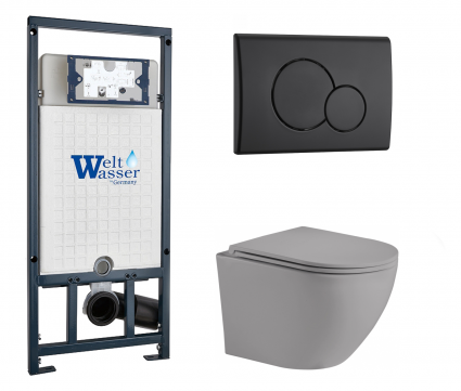 Комплект 3 в 1 инсталляция WeltWasser WW Marberg 507 + Унитаз подвесной Weltwasser WW Merzbach 043 MT-GR серый с кнопкой черной RD