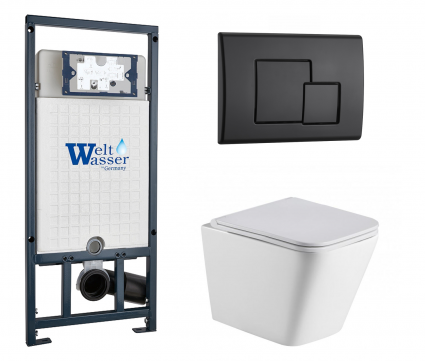 Комплект 3 в 1 инсталляция WeltWasser WW Marberg 507 + Подвесной унитаз WeltWasser Gelbach 043 GL-WT с кнопкой черной SE
