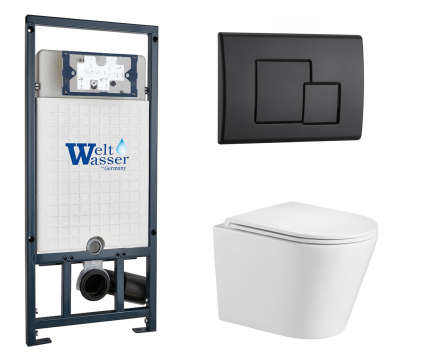 Комплект 3 в 1 инсталляция WeltWasser WW Marberg 507 + Подвесной унитаз WeltWasser Salzbach 043 GL-WT с кнопкой черной SE