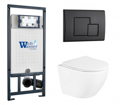 Комплект 3 в 1 инсталляция WeltWasser WW Marberg 507 + Унитаз подвесной BelBagno Uno BB3105CHR/SC с кнопкой черной SE