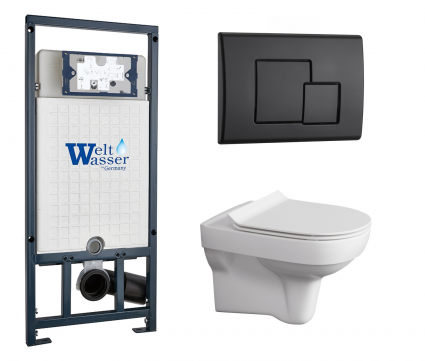 Комплект 3 в 1 инсталляция WeltWasser WW Marberg 507 + Унитаз подвесной Cersanit City New clean on с кнопкой черной SE