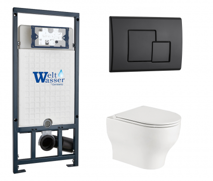 Комплект 3 в 1 инсталляция WeltWasser WW Marberg 507 + Подвесной унитаз WeltWasser Erlenbach 004 GL-WT с кнопкой черной SE