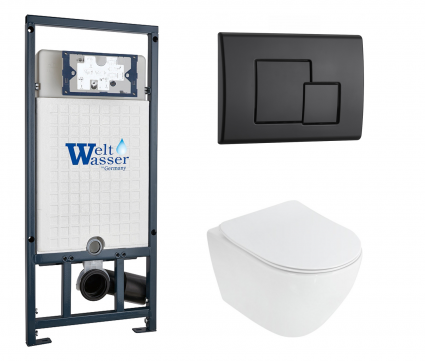 Комплект 3 в 1 инсталляция WeltWasser WW Marberg 507 + Унитаз подвесной Cezares Stylus CZR-513-TH-R с кнопкой черной SE