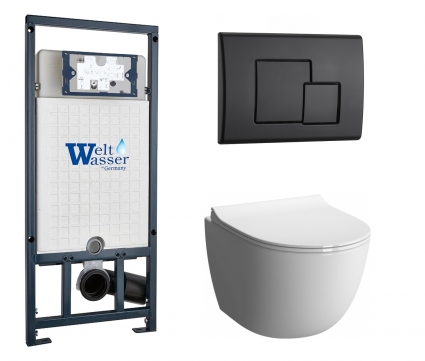 Комплект 3 в 1 инсталляция WeltWasser WW Marberg 507 + Унитаз подвесной VitrA Sento 7748В003-0075 с кнопкой черной SE
