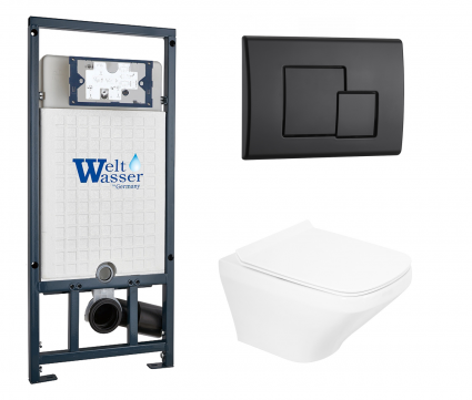 Комплект 3 в 1 инсталляция WeltWasser WW Marberg 507 + Унитаз подвесной BelBagno Sela BB3201CHR с кнопкой черной SE