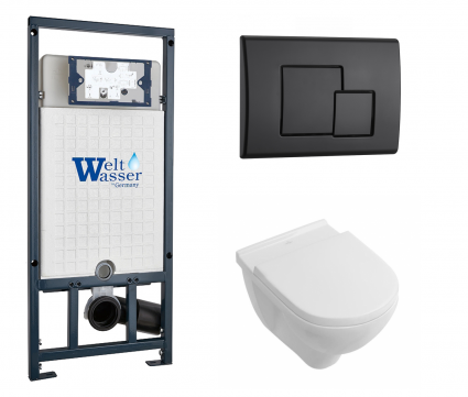 Комплект 3 в 1 инсталляция WeltWasser WW Marberg 507 + Унитаз подвесной Villeroy & Boch O Novo Directflush с кнопкой черной SE