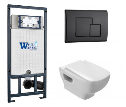 Комплект 3 в 1 инсталляция WeltWasser WW Marberg 507 + Унитаз подвесной Jacob Delafon Struktura EDE102-00 с кнопкой черной SE