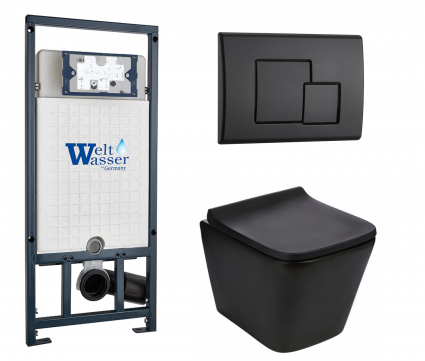 Комплект 3 в 1 инсталляция WeltWasser WW Marberg 507 + Подвесной унитаз WeltWasser Gelbach 043 MT-BL черный с кнопкой черной SE