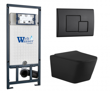 Комплект 3 в 1 инсталляция WeltWasser WW Marberg 507 + Унитаз подвесной Aquanet Tavr-W BW 287011 черный с кнопкой черной SE