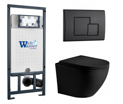 Комплект 3 в 1 инсталляция WeltWasser WW Marberg 507 + Унитаз подвесной Weltwasser WW Merzbach 043 MT-BL черный с кнопкой черной SE