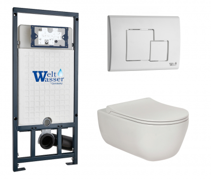 Комплект 3 в 1 инсталляция WeltWasser WW Marberg 507 + Подвесной унитаз Berges Wasserhaus Ego XL 082118 с кнопкой белой SE
