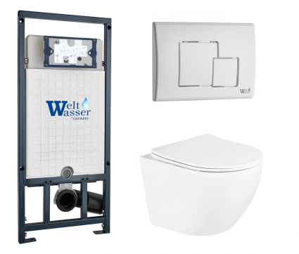 Комплект 3 в 1 инсталляция WeltWasser WW Marberg 507 + Унитаз подвесной BelBagno Uno BB3105CHR/SC с кнопкой белой SE