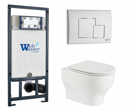 Комплект 3 в 1 инсталляция WeltWasser WW Marberg 507 + Подвесной унитаз WeltWasser Erlenbach 004 GL-WT с кнопкой белой SE