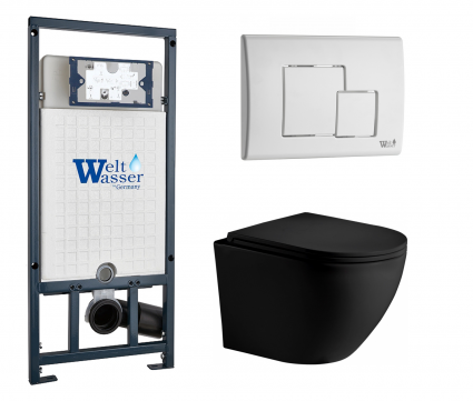 Комплект 3 в 1 инсталляция WeltWasser WW Marberg 507 + Унитаз подвесной Weltwasser WW Merzbach 043 MT-BL черный с кнопкой белой SE