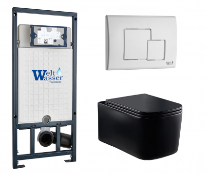 Комплект 3 в 1 инсталляция WeltWasser WW Marberg 507 + Унитаз подвесной Vincea Ultra Rimless VT1-32MB черный с кнопкой белой SE