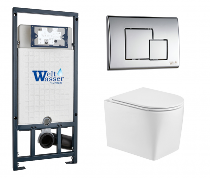 Комплект 3 в 1 инсталляция WeltWasser WW Marberg 507 + Подвесной унитаз WeltWasser Nesenbach 004 GL-WT с кнопкой хром SE