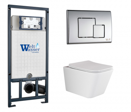 Комплект 3 в 1 инсталляция WeltWasser WW Marberg 507 + Подвесной унитаз Ceramica Nova Metric Rimless CN3007 с кнопкой хром SE