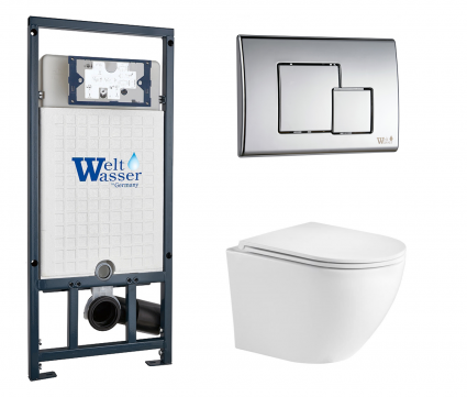 Комплект 3 в 1 инсталляция WeltWasser WW Marberg 507 + Подвесной унитаз WeltWasser Merzbach 043 GL-WT с кнопкой хром SE