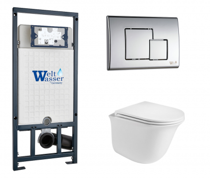 Комплект 3 в 1 инсталляция WeltWasser WW Marberg 507 + Подвесной унитаз WeltWasser Telbach 004 GL-WT с кнопкой хром SE