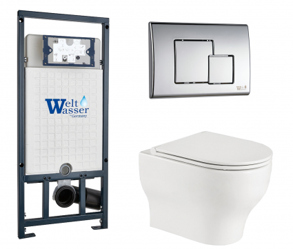 Комплект 3 в 1 инсталляция WeltWasser WW Marberg 507 + Подвесной унитаз WeltWasser Erlenbach 004 GL-WT с кнопкой хром SE