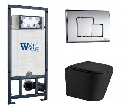 Комплект 3 в 1 инсталляция WeltWasser WW Marberg 507 + Подвесной унитаз WeltWasser Salzbach 043 MT-BL черный с кнопкой хром SE