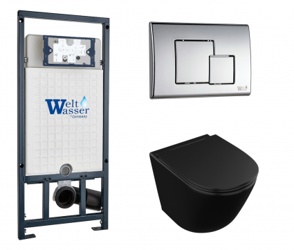 Комплект 3 в 1 инсталляция WeltWasser WW Marberg 507 + Унитаз подвесной Owl 1975 Vind Cirkel-H Matt Black OWLT190305 черный с кнопкой хром SE