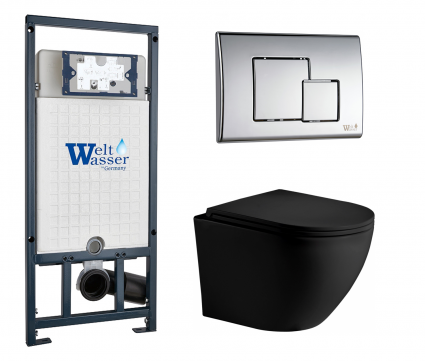 Комплект 3 в 1 инсталляция WeltWasser WW Marberg 507 + Унитаз подвесной Weltwasser WW Merzbach 043 MT-BL черный с кнопкой хром SE