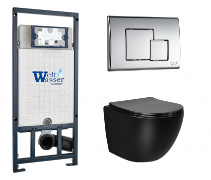 Комплект 3 в 1 инсталляция WeltWasser WW Marberg 507 + Унитаз подвесной Vincea Globo VT1-14SMB черный с кнопкой хром SE